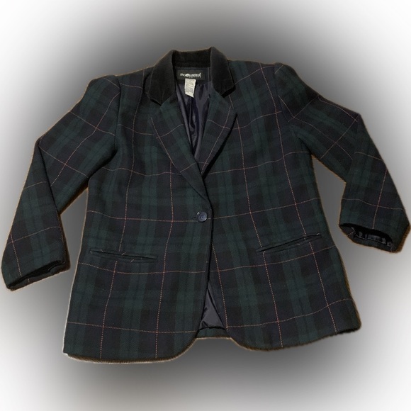 Vintage Wool Navy Green Structured Plaid Women’s Blazer Jacket Coat 8 Petite - Picture 1 of 10